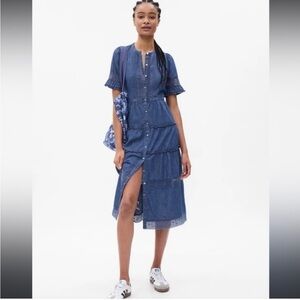 Gap × LoveShackFancy Denim Tiered Midi Dress M